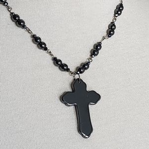 Hematite Gothic cross necklace with Hematite beads Handmade Handcrafted NWT